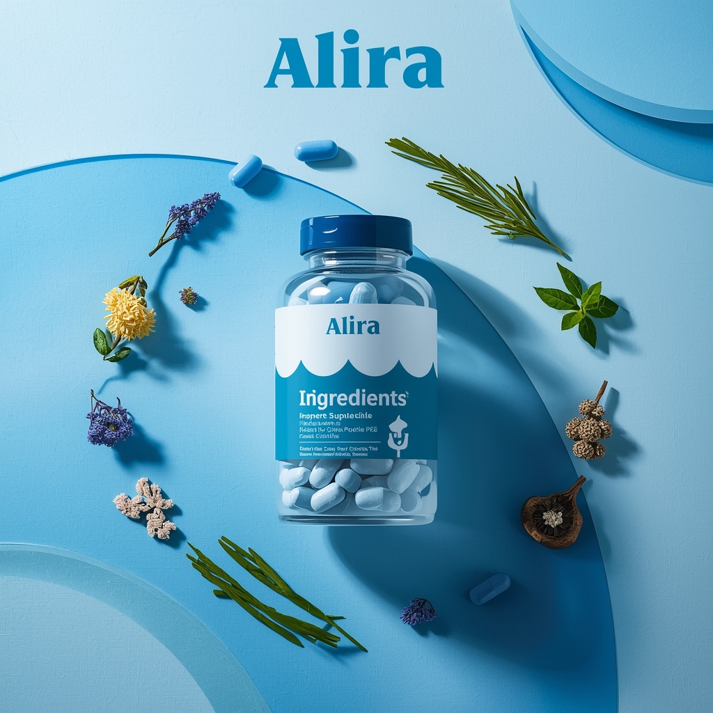 Stylized Alira supplement bottle with gradient glass finish and soft studio watermark.